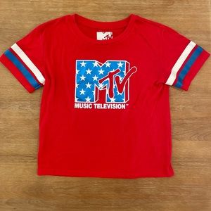 MTV T-shirt Red White Blue Graphic Tee America 80’s Style Patriotic Cropped Sz S